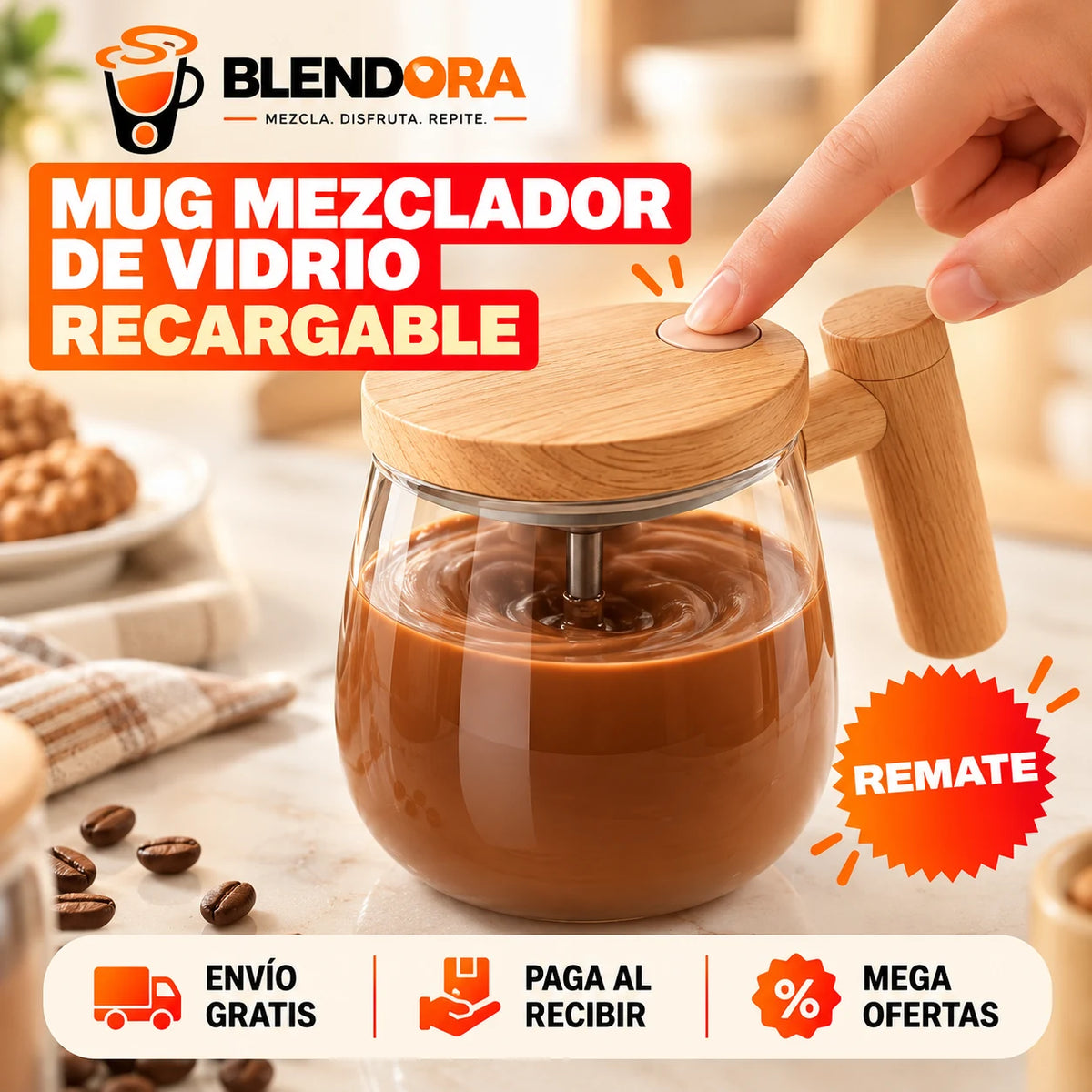 Mug mezclador de vidrio recargable Blendora
